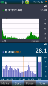 Split view with FFT and 1/3 octave. The link cursor feature connects the cursor in FFT and 1/3 octave displays, making it easy to manoeuvre in the frequency domain.
