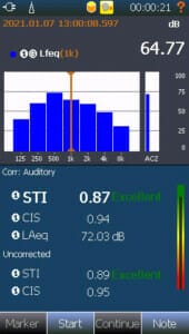 STIPA mode is easy and intuitive to use. The display is composed of a fixed view with two frames. The upper shows each frequency band, while the lower shows the measured values including a bar graph.